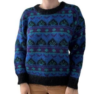 Vintage 1980s Gallagher Blue Mohair Fluffy Geometric Retro Preppy Sweater Sz M